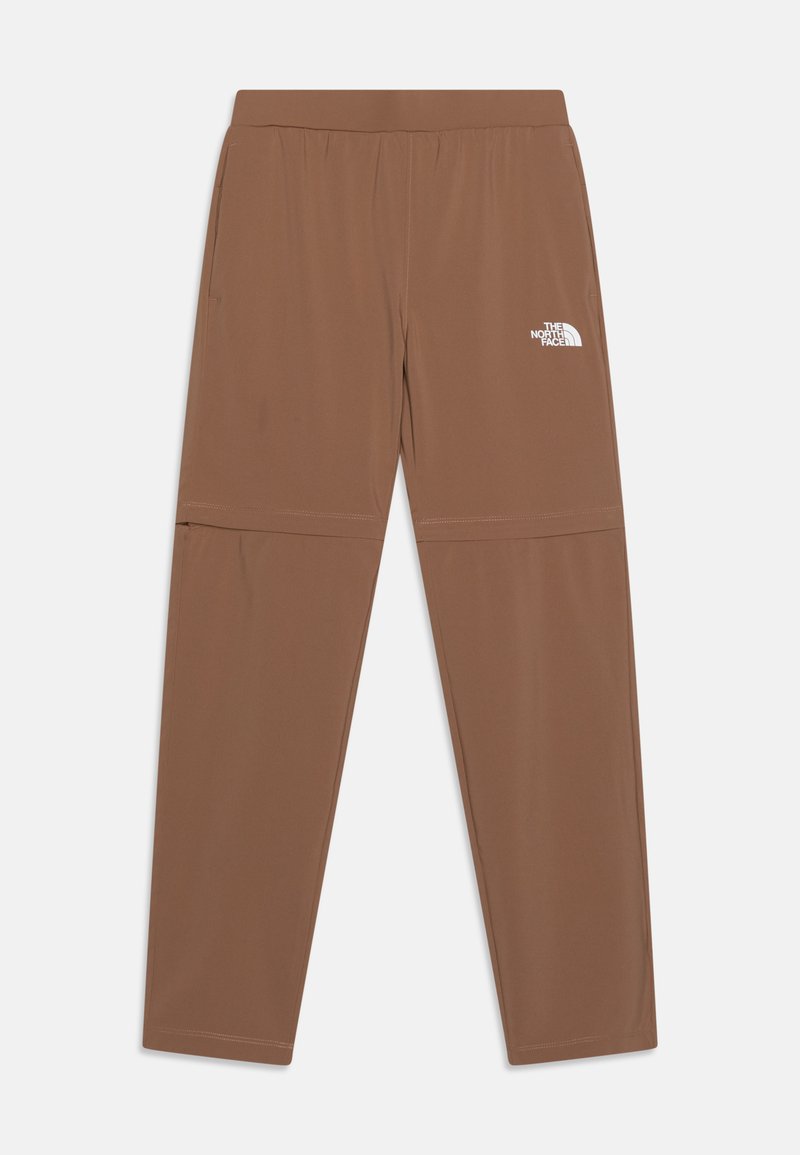 Pantalons de sport marron en matériau extensible, dotés d'une large taille élastique et d'un logo blanc sur le côté supérieur gauche.