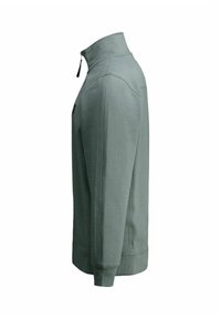 Felpa zip-up verde chiaro con colletto alto, cuciture laterali e polsini a costine. Realizzata in tessuto morbido, presenta un design minimalista.