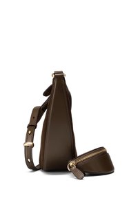 Brown leather sling bag with a triangular shape, gold-tone hardware, and a detachable zippered pouch. Smooth texture with minimal detailing.