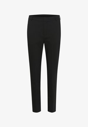 Schwarze schmal geschnittene Hosen aus glattem Stoff, mit flacher Front, Gürtelschlaufen und ohne sichtbare Taschen.