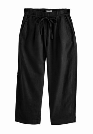 Black linen pants with an elastic waistband and adjustable tie, featuring side pockets and a relaxed fit, suitable for casual wear.