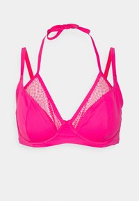Bralette rosa com uma forma triangular, apresentando um painel de rede e um laço para pescoço, feito de um tecido liso e elástico.