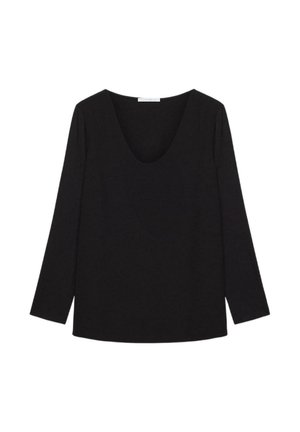 Schwarzes Langarm-Oberteil mit weitem Rundhalsausschnitt. Hergestellt aus weichem Stoff, bietet es eine lockere Passform und eine glatte Oberfläche. Schlichtes Design, keine Muster.