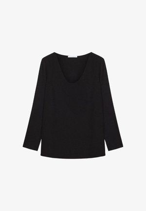 Haut noir à manches longues avec un large décolleté en forme de scoop. Fabriqué en tissu doux, il présente une coupe décontractée et une texture lisse. Design simple, sans motifs.
