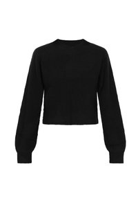 Zwarte, cropped trui met een ronde hals, ribbelstructuur en lange mouwen. Heeft horizontale en verticale stikdetails.