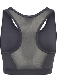 Zwarte sportbeha met mesh achterkant, hoge halslijn en racerback-ontwerp. Gladde stof met stikdetails en een getailleerde pasvorm.