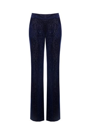 Pantaloni larghi blu navy realizzati in tessuto testurizzato con una leggera lucentezza, dotati di una vita liscia e senza tasche o chiusure visibili.