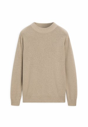 Beige knit sweater with long sleeves, a high ribbed neckline, and ribbed cuffs and hem. Features a smooth texture and simple design.