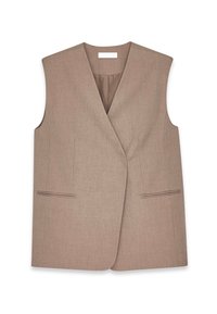 Rjav brezrokavnik z ovitim dizajnom, izdelan iz teksturirane tkanine. Ima dve sprednji žepni z obrobo ob robovih.