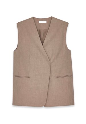 Pruun ilma varrukateta vest koos keerukate detailidega, valmistatud tekstuurses kangas. Omab kahte esimest taskut, mille servi ääristab piping detail.