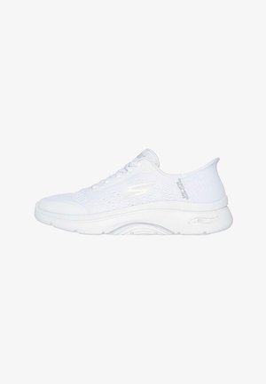 White athletic shoes with a breathable textile upper, lace closure, cushioned sole, and a slightly elevated heel. Smooth, sleek design.