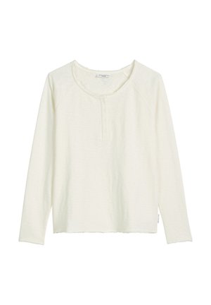 Long-sleeve cream-colored top with a rounded neckline, three buttons at the front, and a relaxed fit. Textured, soft material with raglan sleeves.
