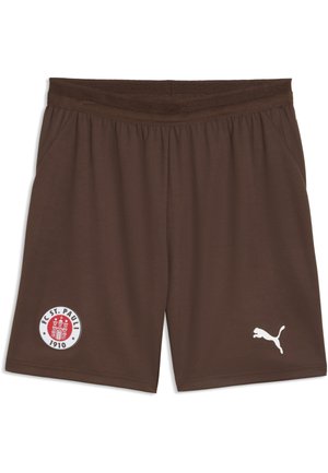 Pantaloncini sportivi marroni con fascia elastica in vita, logo del club FC St. Pauli 1910 sulla gamba sinistra e logo bianco Puma sulla gamba destra.