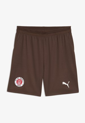 Brązowe szorty sportowe z elastycznym paskiem w talii, logo klubu FC St. Pauli 1910 na lewej nodze oraz białe logo Puma na prawej nodze.