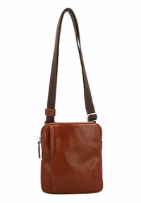 Braune Leder-Crossbody-Tasche mit rechteckiger Form, verstellbarem dunkelbraunem Schulterriemen und Reißverschluss. Auf der Vorderseite befindet sich ein dezentes Logo.