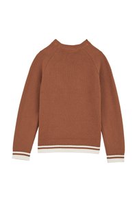 Maglione a maglia marrone con collo rotondo a coste, maniche raglan e strisce bianche e marroni a contrasto sui polsini e sull'orlo. Tessuto testurizzato.