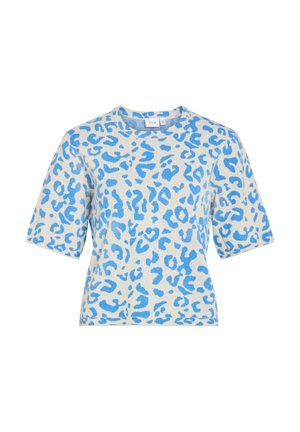 Haut à manches courtes en tricot avec un motif léopard bleu sur fond blanc et un col rond.