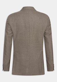 Brun texturerad blazer med spetsig krage, enkel vent och knappdetaljer på ärmarna. Bakifrån som betonar rena linjer.