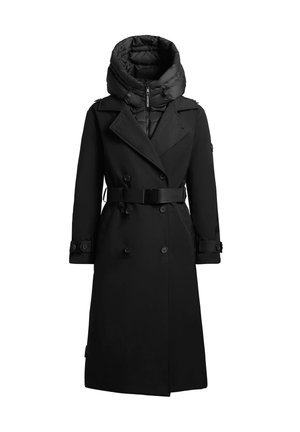 Black long trench coat with belted waist and padded high collar, double-breasted buttons, and adjustable sleeve straps, displayed front-facing.
