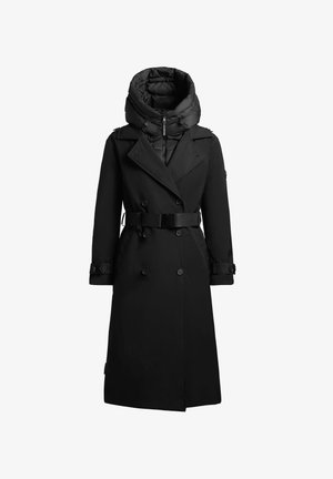 Black long trench coat with belted waist and padded high collar, double-breasted buttons, and adjustable sleeve straps, displayed front-facing.