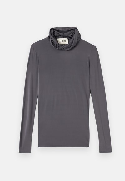 Langærmet turtleneck skjorte i mørkegrå, med en draperet halsudskæring af blødt, glat stof og en tætsiddende silhuet.