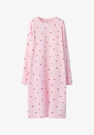 Robe rose à manches longues avec petits motifs rouges en forme de cœurs éparpillés, encolure ronde et coupe droite ample.