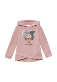 Roze hoodie van zachte stof, voorzien van een zilveren hartafbeelding met een hond en de tekst "Laten we vrienden zijn." Ontwerp met gespleten zoom.