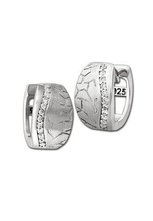 Silver earrings featuring a textured design with a diagonal line of small clear crystals. The shape is a rounded rectangular hoop.