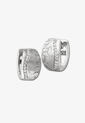 Silver earrings featuring a textured design with a diagonal line of small clear crystals. The shape is a rounded rectangular hoop.