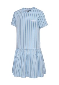 Helles blaues kurzärmliges Kleid mit vertikalen blauen Streifen, Rundhalsausschnitt und ausgestelltem Rock. Hergestellt aus weichem, leichtem Stoff.