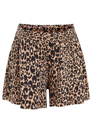 Shorts à imprimé léopard en tissu léger, dotés d'une taille élastique et d'une coupe évasée avec des couleurs noire et beige.