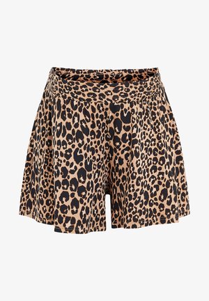 Šortky s leopardím potiskem vyrobené z lehkého materiálu, s elastickým pasem a rozšířeným střihem v černé a béžové barvě.