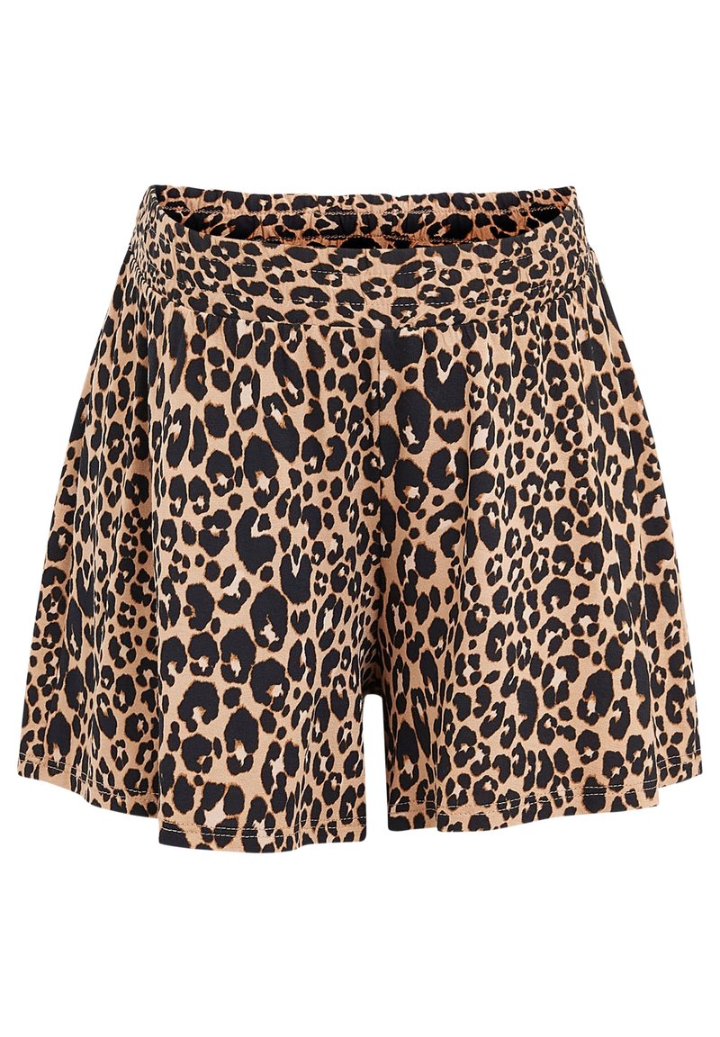 Lædermønstret shorts lavet af letvægtigt stof, med en elastisk talje og en vide design i sort og tan.