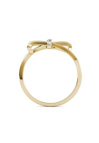 Gouden ring met een strikontwerp, versierd met een centrale heldere steen. Gladde, gepolijste oppervlakte met een delicate, slanke band.