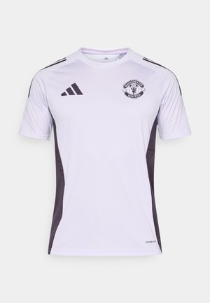 Vit kortärmad fotbollströja med svarta sidopaneler. Har Manchester United-emblem och tre svarta ränder på axlarna.