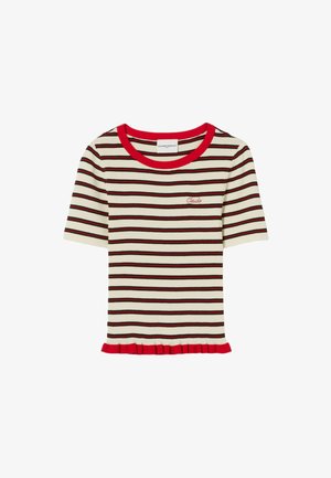 Camiseta de punto canalé a rayas en color crema, rojo y marrón oscuro. Presenta un cuello redondo rojo y un dobladillo con volantes. Logo bordado en la parte delantera.