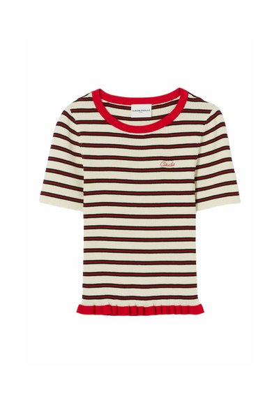 Camiseta de punto canalé a rayas en color crema, rojo y marrón oscuro. Presenta un cuello redondo rojo y un dobladillo con volantes. Logo bordado en la parte delantera.