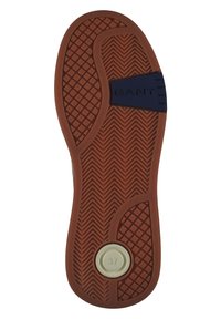 Gummisohle mit strukturiertem braunem Oberflächen, versehen mit einem marineblauen Akzent und einem kreisförmigen Detail mit der Größe "37" in Weiß.