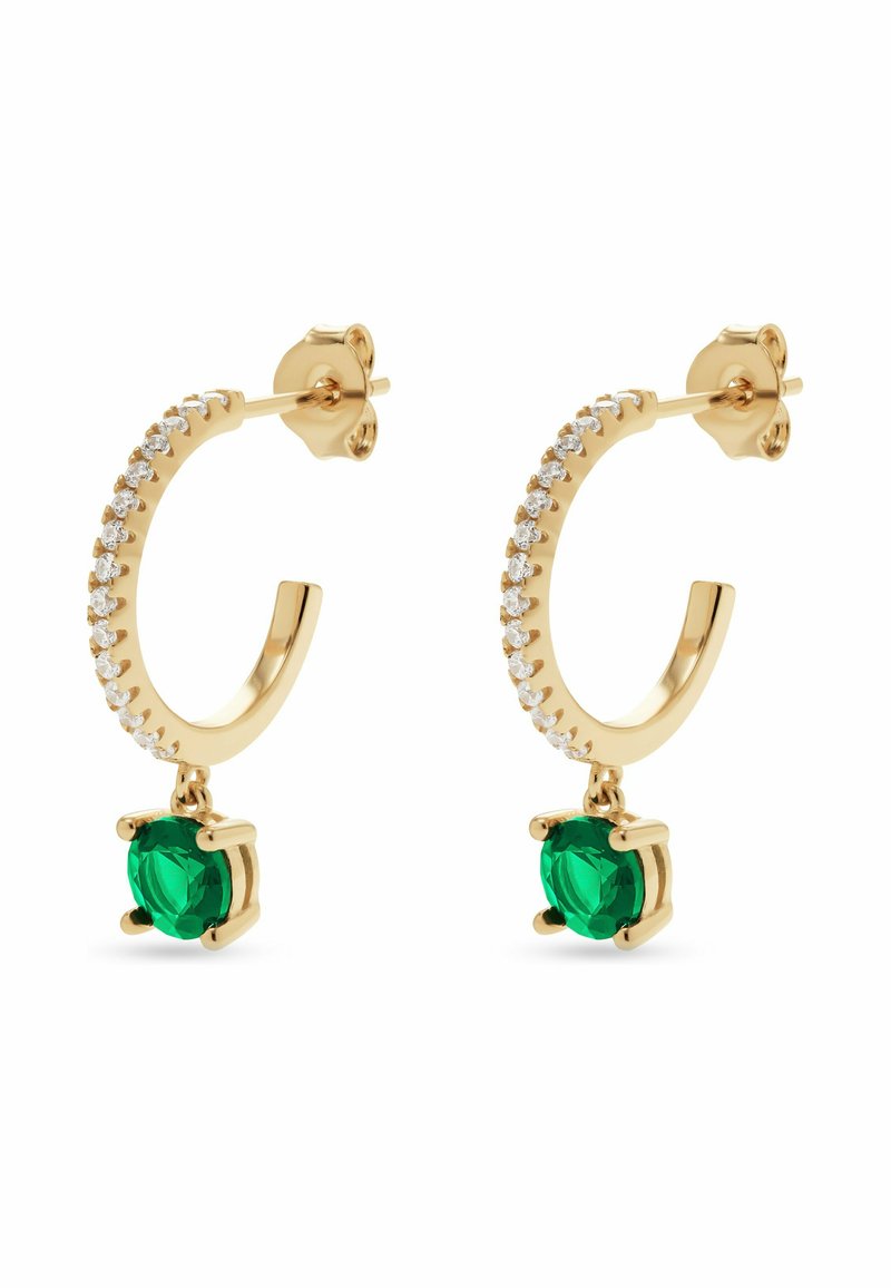 Boucles d'oreilles en or avec de petites pierres claires et des pierres rondes vertes pendantes, maintenues par des fermoirs papillon.