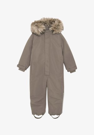 Brun, isoleret heldragt med faux fur hætte. Har elastiske manchetter, sidelommer og fodstropper for en sikker pasform.