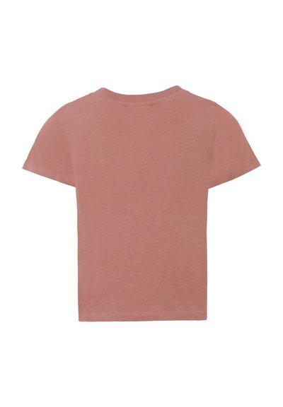 Koszulka z krótkim rękawem i okrągłym dekoltem w kolorze przykurzonego różu. Wykonana z miękkiej bawełny, o prostym fasonie bez wzorów i ozdób.