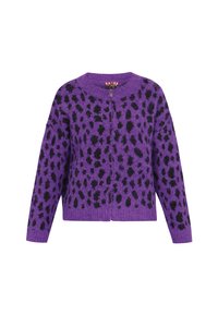 Lila flauschige Strickjacke mit schwarzem Leopardenmuster, Frontreißverschluss, langen Ärmeln und rundem Ausschnitt.