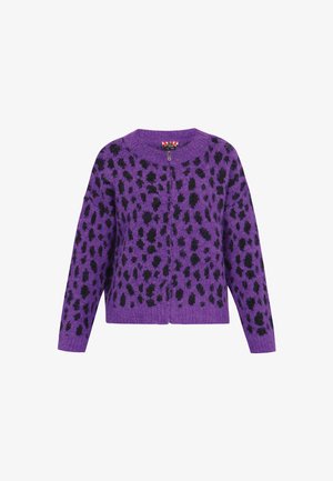 Purple fuzzy cardigan with black leopard print pattern and a front zipper closure, long sleeves, and a round neckline.
