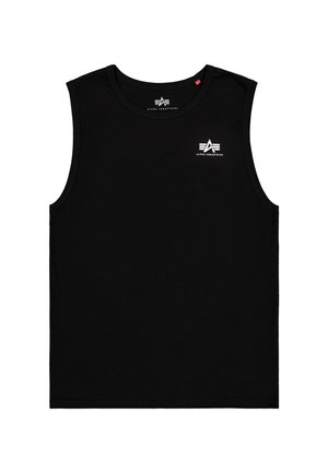 Canotta sportiva nera senza maniche con scollo rotondo, caratterizzata da un piccolo logo bianco di Alpha Industries sul petto a sinistra.