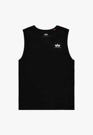 Canotta sportiva nera senza maniche con scollo rotondo, caratterizzata da un piccolo logo bianco di Alpha Industries sul petto a sinistra.