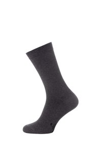 Grau Baumwollsocke mit geripptem Bündchen, zylindrischer Form und glatter Textur. Verfügt über eine verstärkte Spitze und dezente Markenkennzeichnung an der Unterseite.