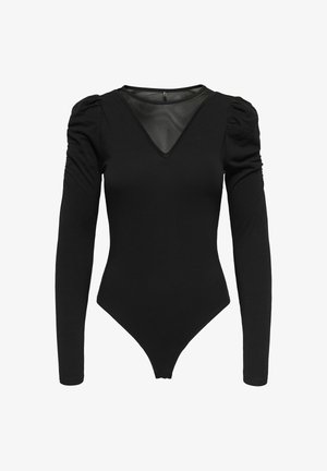 Czarny bodysuit z długim rękawem, z dekoltem w kształcie V z siateczki, marszczonymi detalami na ramionach oraz dopasowaną sylwetką z krojem string.