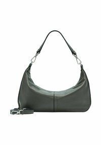 Borsa a tracolla in pelle grigia scura con tracolla rimovibile e ganci in argento, caratterizzata da una sottile cucitura verticale al centro.