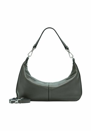 Borsa a tracolla in pelle grigia scura con tracolla rimovibile e ganci in argento, caratterizzata da una sottile cucitura verticale al centro.