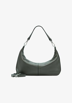 Dunkelgraue Lederhandtasche mit abnehmbarem Gurt und silbernen Verschlüssen, die eine subtile vertikale Naht in der Mitte aufweist.